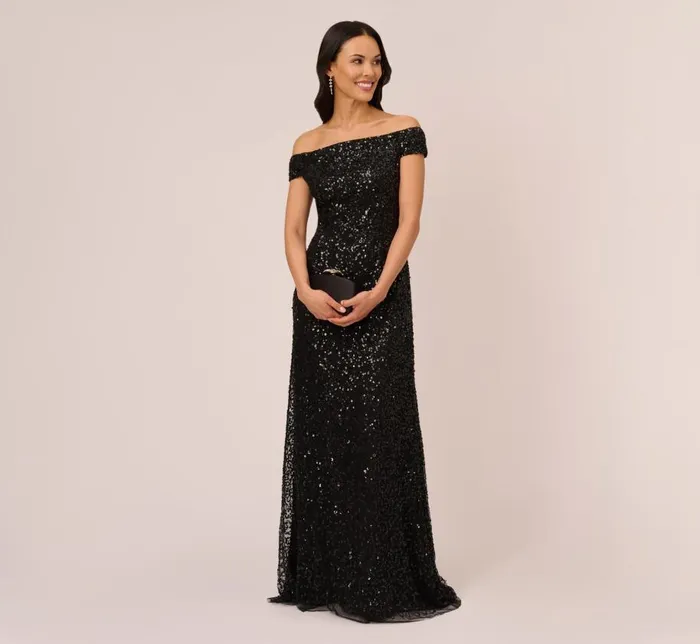 Long Dresses Womens Adrianna Papell Off The Shoulder Sequin Beaded Gown In Black