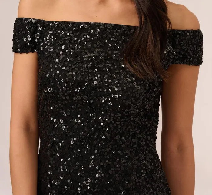 Long Dresses Womens Adrianna Papell Off The Shoulder Sequin Beaded Gown In Black