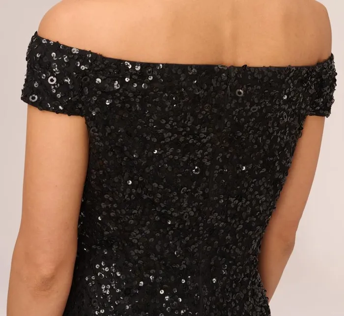 Long Dresses Womens Adrianna Papell Off The Shoulder Sequin Beaded Gown In Black