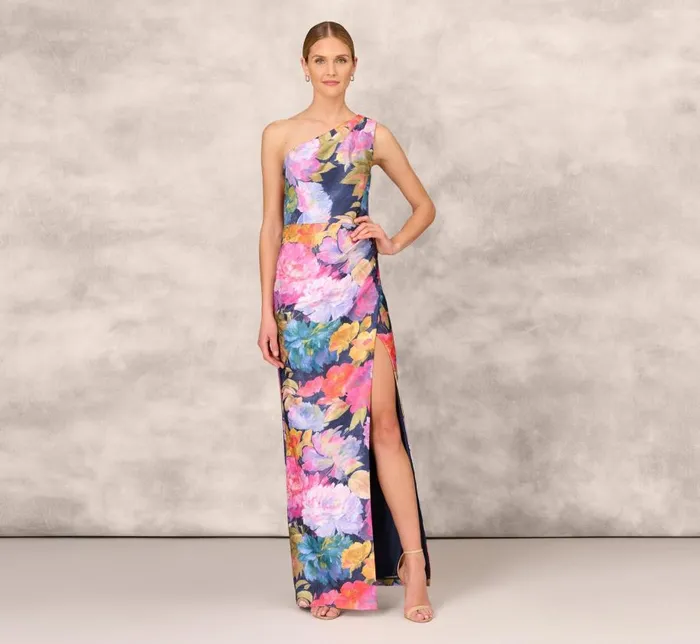 Long Dresses Womens Adrianna Papell One Shoulder Draped Floral Gown With Thigh Slit In Navy Multi Long Dresses Womens Adrianna Papell One Shoulder Draped Floral Gown With Thigh Slit In Navy Multi