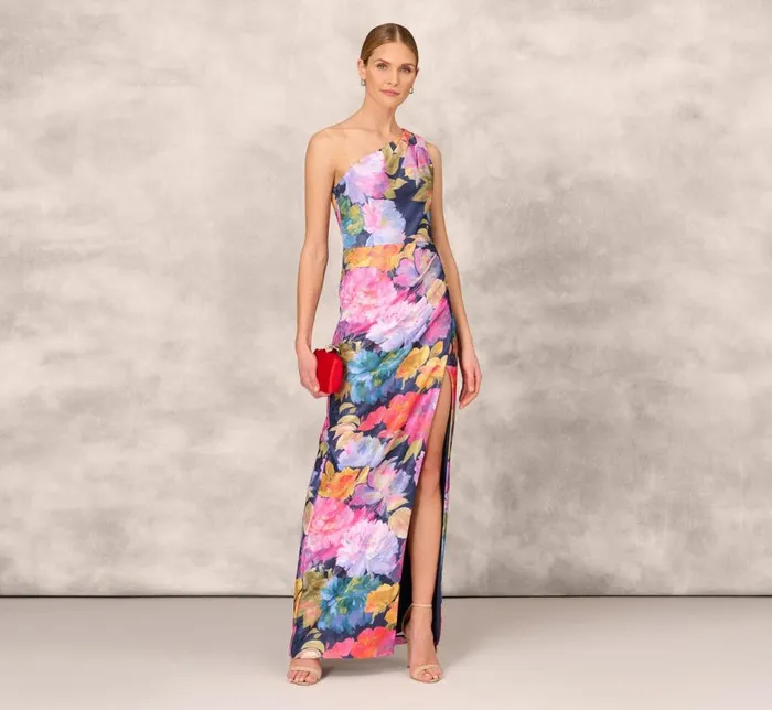 Long Dresses Womens Adrianna Papell One Shoulder Draped Floral Gown With Thigh Slit In Navy Multi
