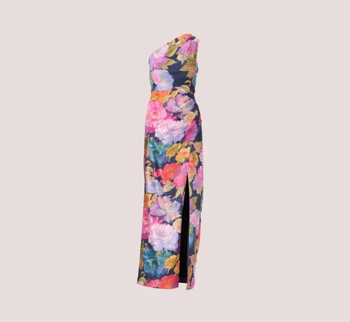 Long Dresses Womens Adrianna Papell One Shoulder Draped Floral Gown With Thigh Slit In Navy Multi