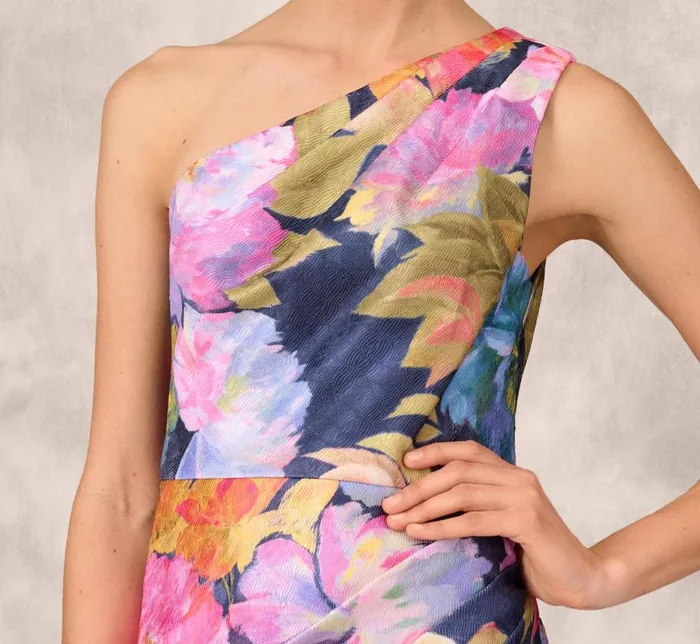 Long Dresses Womens Adrianna Papell One Shoulder Draped Floral Gown With Thigh Slit In Navy Multi