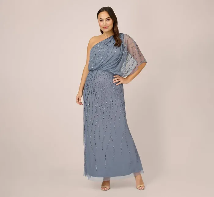 Long Dresses Womens Adrianna Papell Plus Size Draped One Shoulder Dress With Sequin Detail In Dusty Blue Long Dresses Womens Adrianna Papell Plus Size Draped One Shoulder Dress With Sequin Detail In Dusty Blue