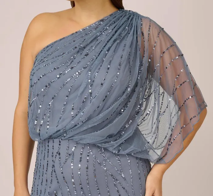 Long Dresses Womens Adrianna Papell Plus Size Draped One Shoulder Dress With Sequin Detail In Dusty Blue