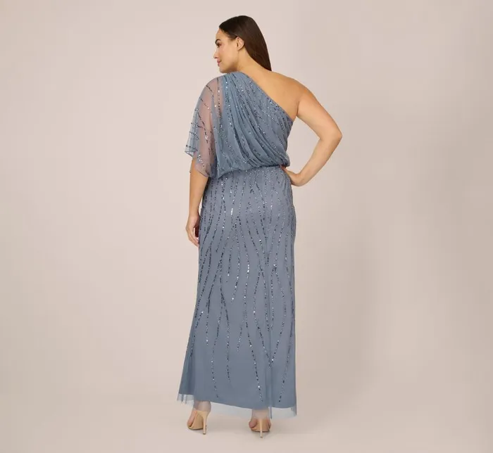 Long Dresses Womens Adrianna Papell Plus Size Draped One Shoulder Dress With Sequin Detail In Dusty Blue