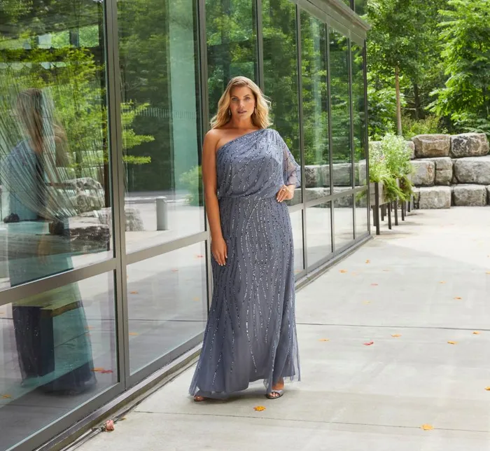 Long Dresses Womens Adrianna Papell Plus Size Draped One Shoulder Dress With Sequin Detail In Dusty Blue