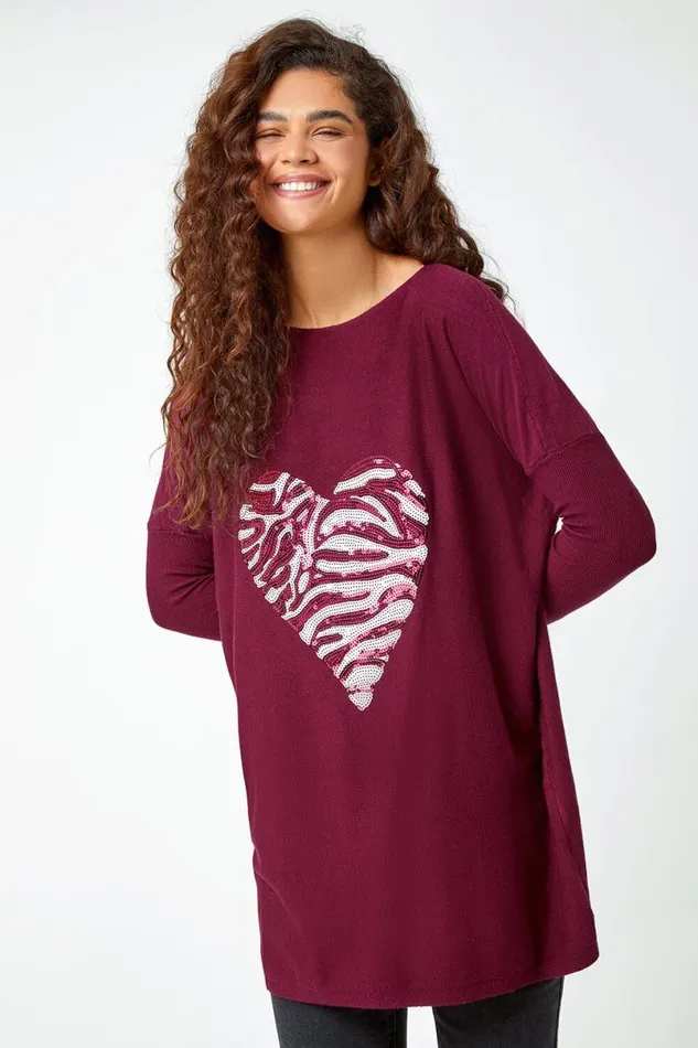Magenta Embellished Heart Print Lounge Jumper Women Roman Knitwear