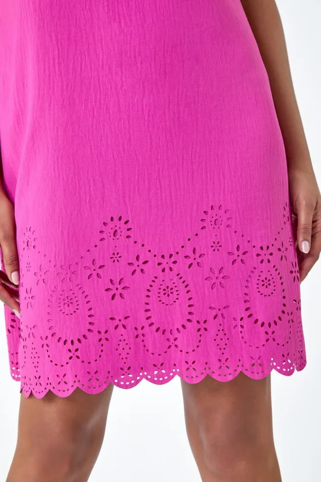 Magenta Floral Hem Textured Shift Dress Women Roman Dresses