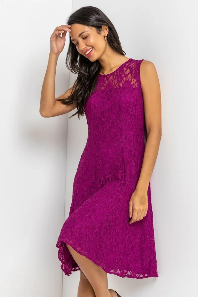 Magenta Glitter Lace Fit And Flare Dress Women Roman Dresses