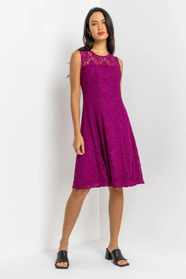 Magenta Glitter Lace Fit And Flare Dress Women Roman Dresses