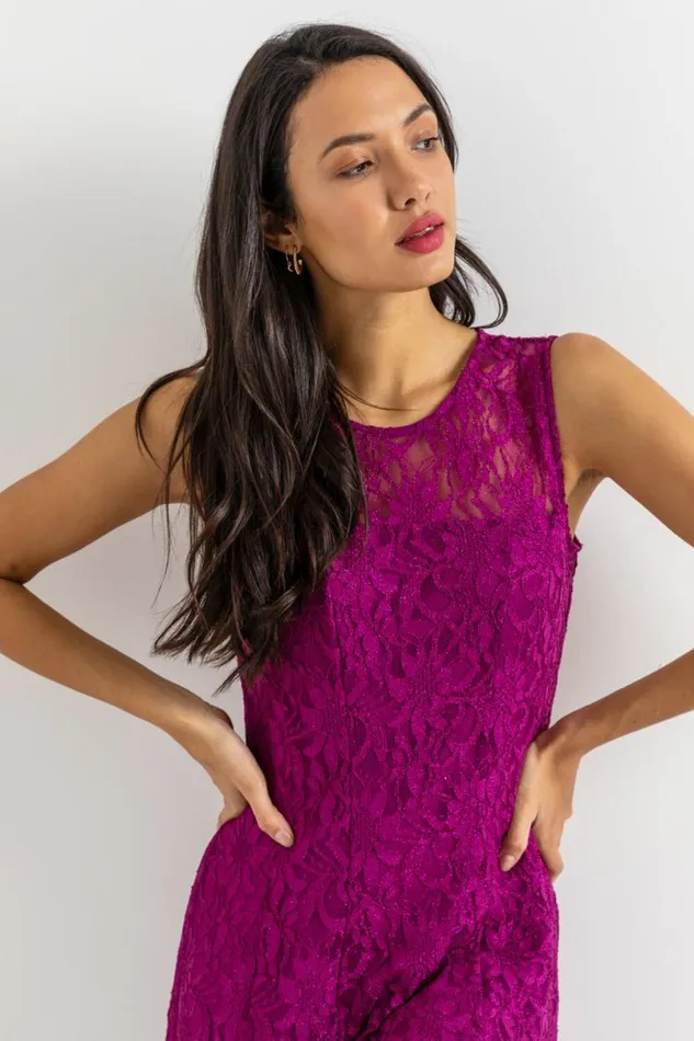 Magenta Glitter Lace Fit And Flare Dress Women Roman Dresses