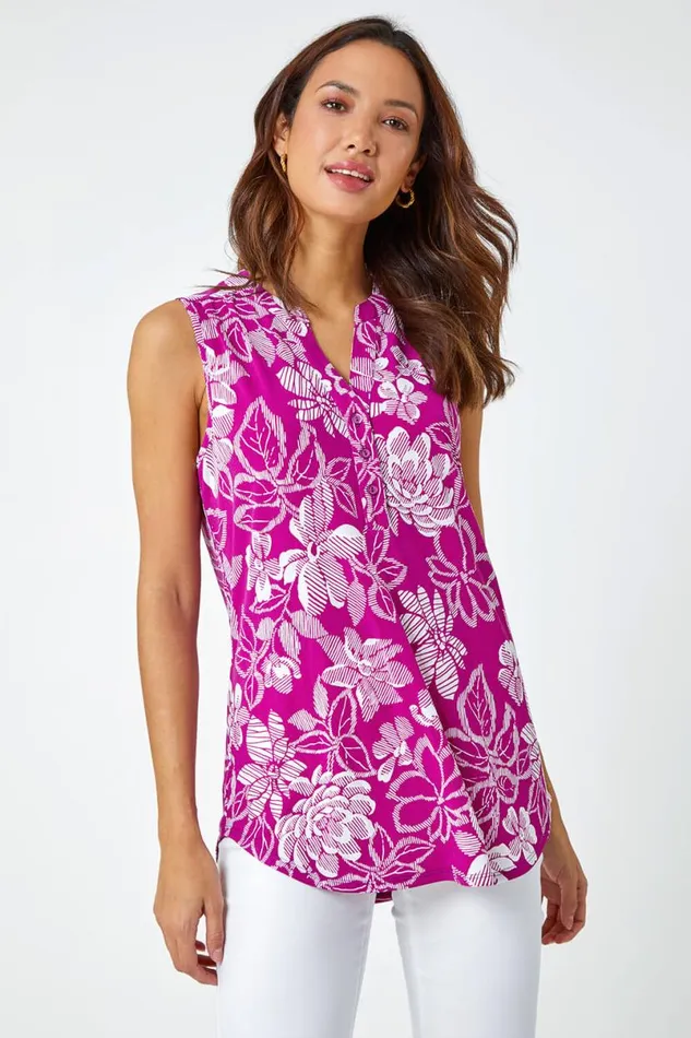 Magenta Textured Floral Print Sleeveless Top Women Roman Tops