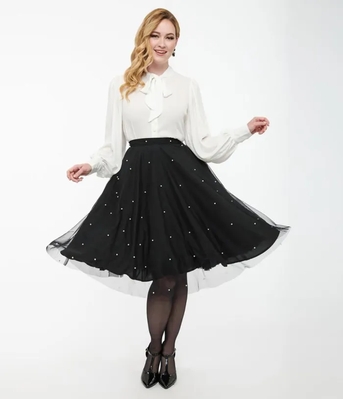 Magnolia Place Black and Faux Pearl Sally Swing Skirt Clothing Unique Vintage Skirts Magnolia Place Black and Faux Pearl Sally Swing Skirt Clothing Unique Vintage Skirts