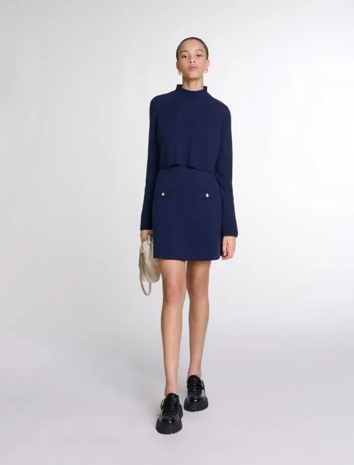 Maje Dresses Womens Knit 2in1 Short Dress Navy