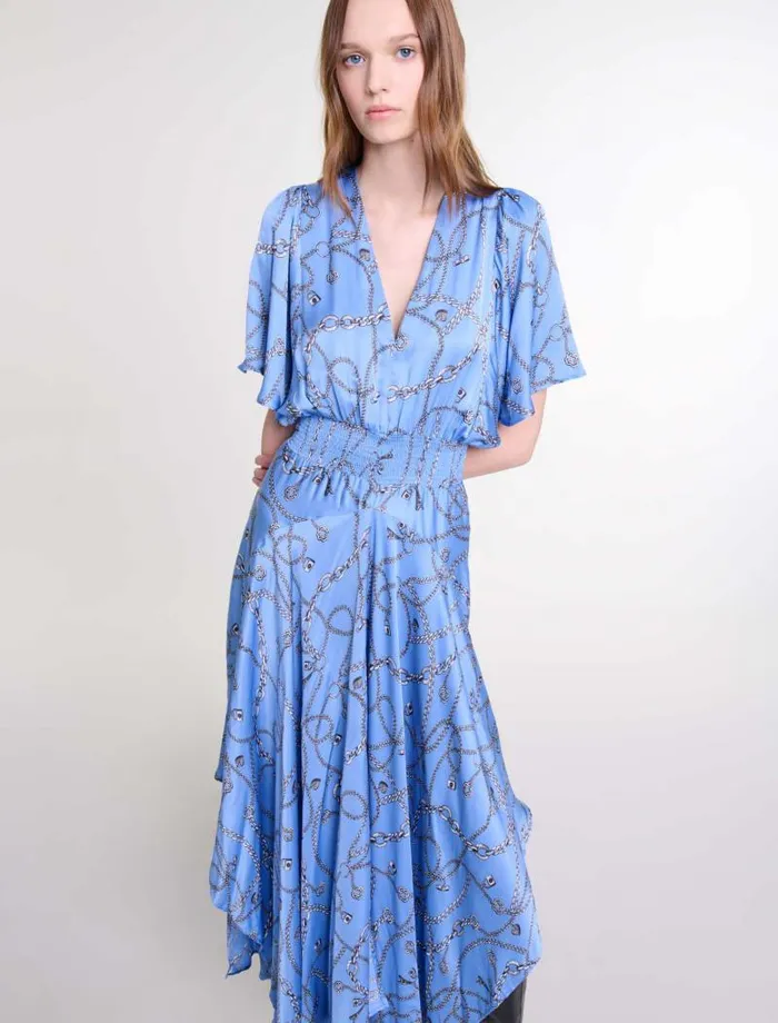 Maje Dresses Womens Patterned Maxi Dress Blue Chains Print