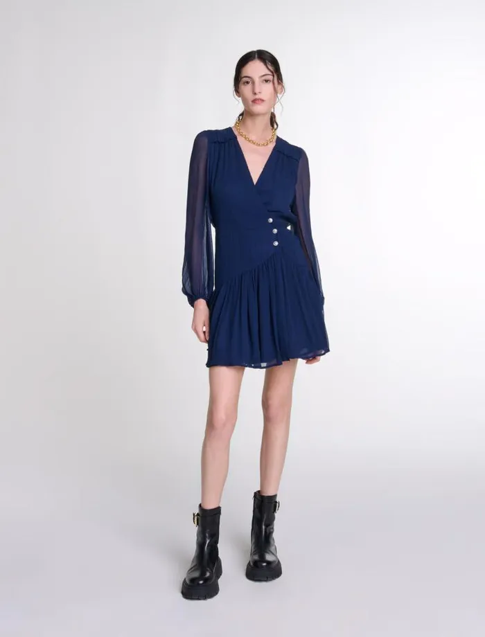 Maje Dresses Womens Short Ruffled Dress Navy