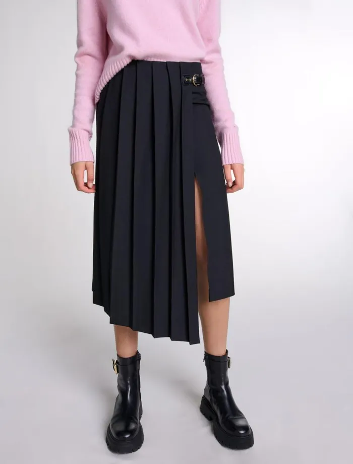 Maje Skirts and Shorts Womens Asymmetrical Long Pleated Skirt Black