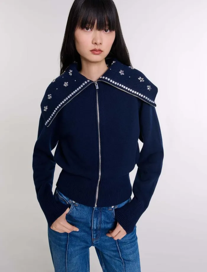 Maje Sweaters and Cardigans Womens Cardigan With Jewellery Neck Navy
