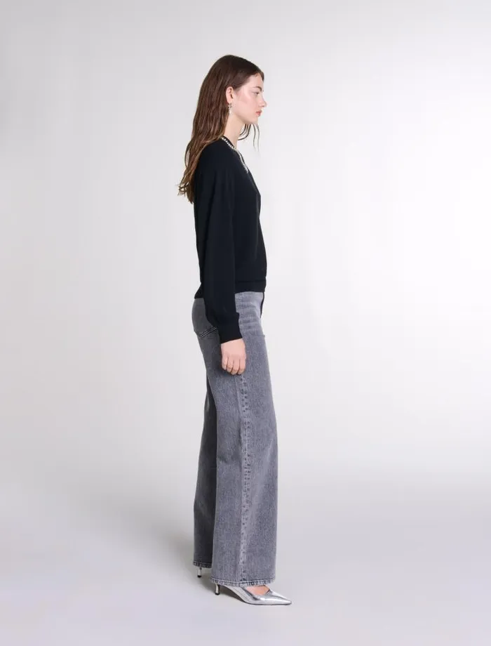 Maje Sweaters and Cardigans Womens Knit Jumper With Rhinestone Neck Black