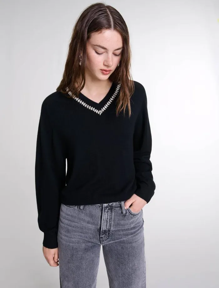 Maje Sweaters and Cardigans Womens Knit Jumper With Rhinestone Neck Black