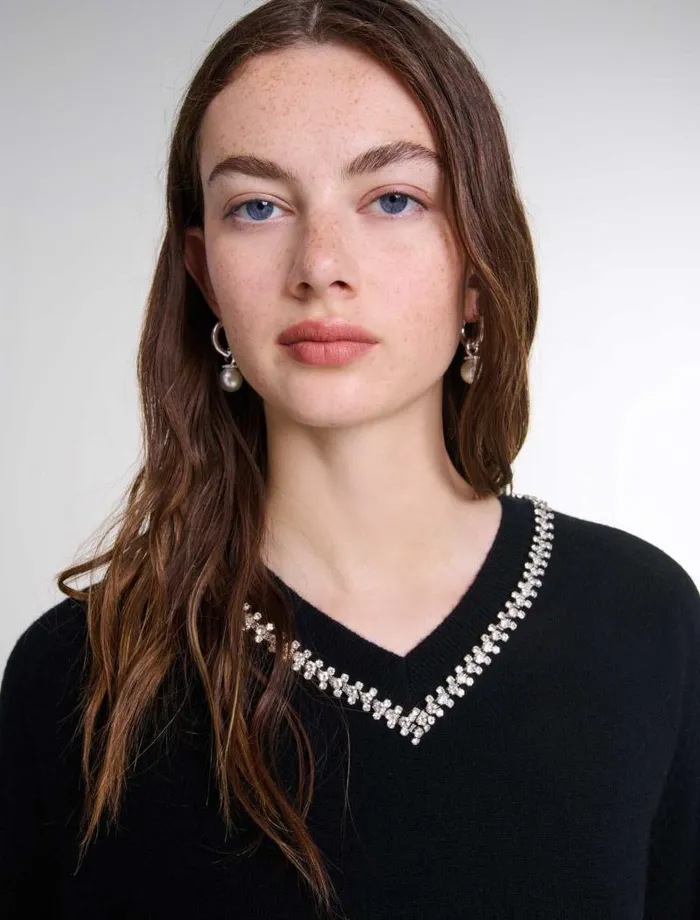 Maje Sweaters and Cardigans Womens Knit Jumper With Rhinestone Neck Black