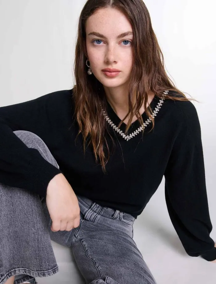 Maje Sweaters and Cardigans Womens Knit Jumper With Rhinestone Neck Black