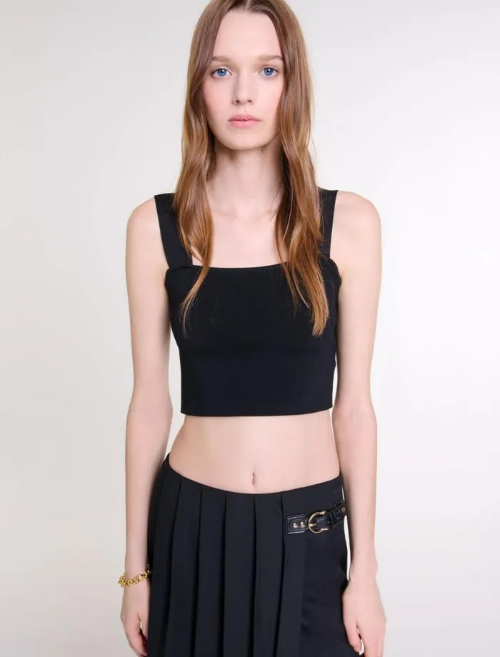 Maje Tops and Shirts Womens Knitted Crop Top With Straps Black Maje Tops and Shirts Womens Knitted Crop Top With Straps Black