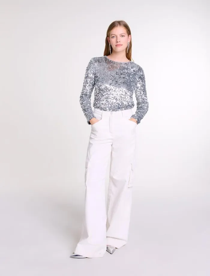 Maje Tops and Shirts Womens Longsleeved Sequinned Top Silver
