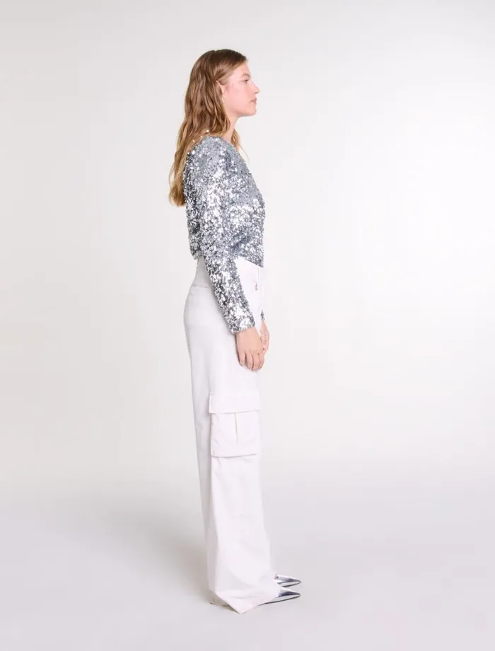 Maje Tops and Shirts Womens Longsleeved Sequinned Top Silver