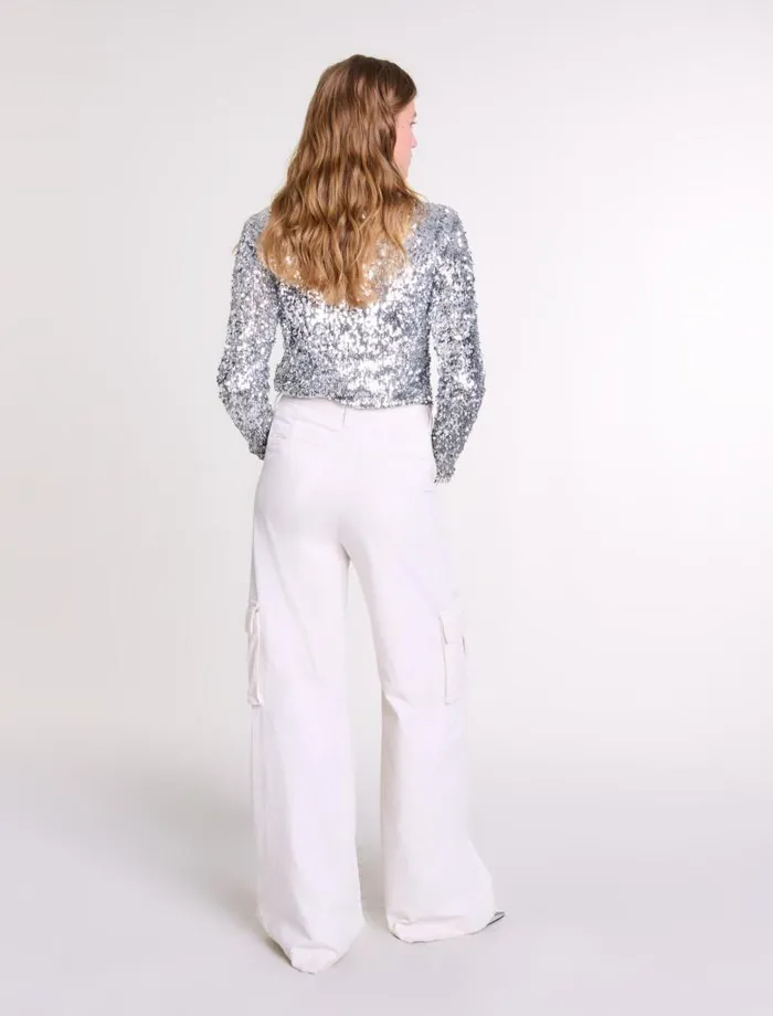 Maje Tops and Shirts Womens Longsleeved Sequinned Top Silver
