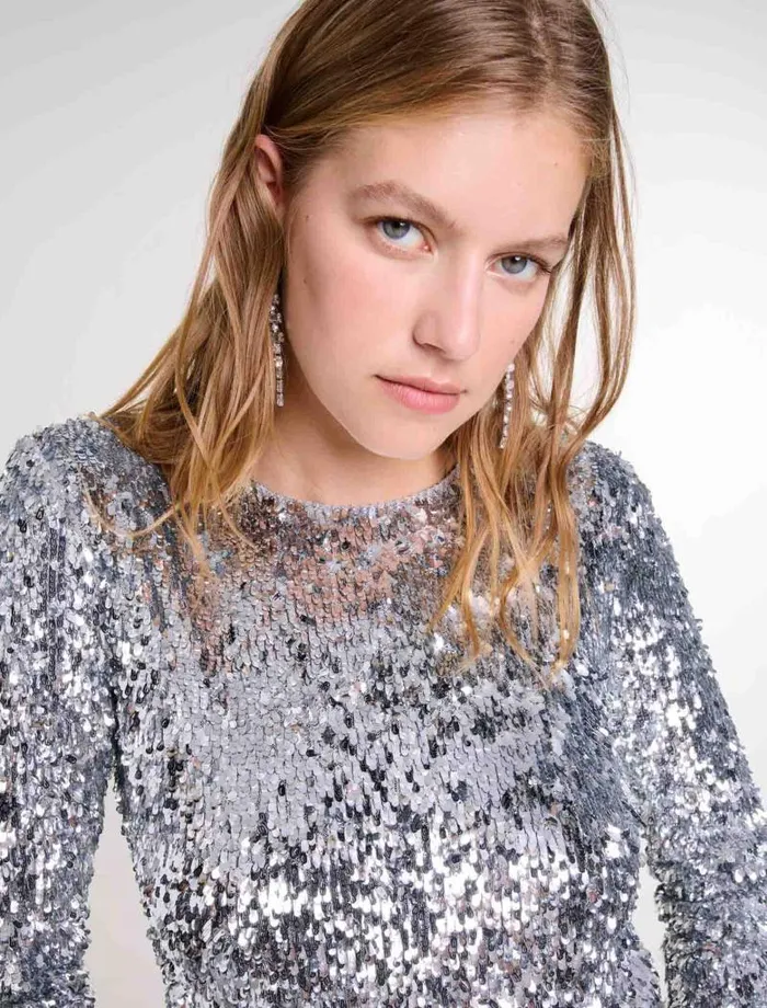 Maje Tops and Shirts Womens Longsleeved Sequinned Top Silver
