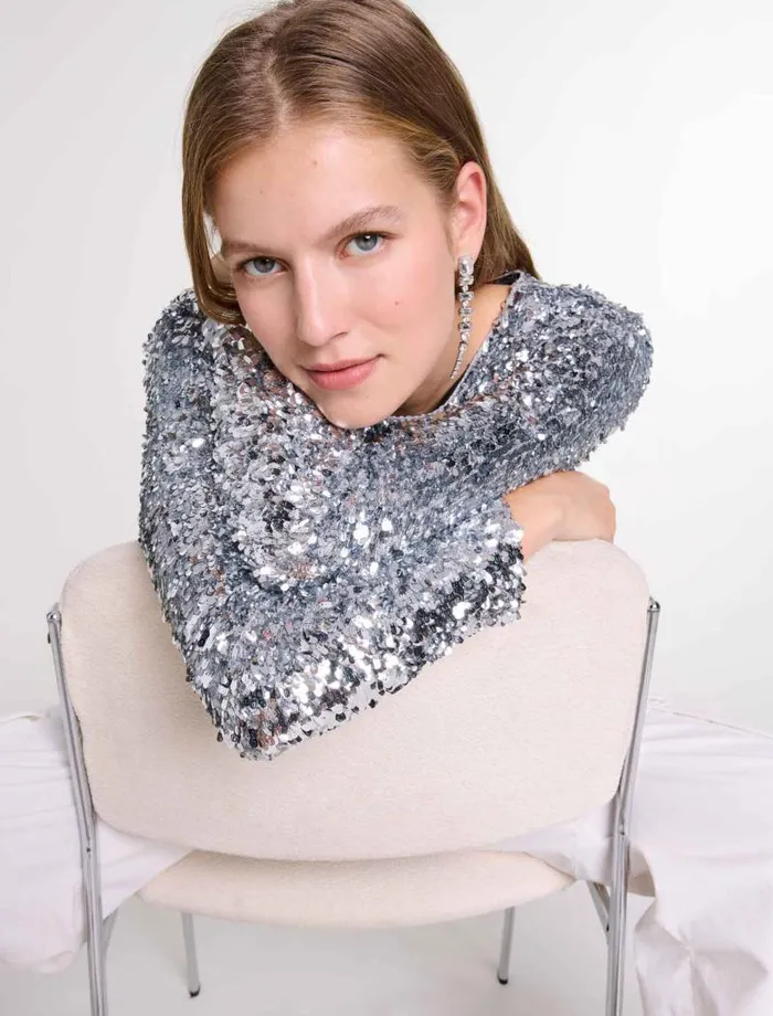 Maje Tops and Shirts Womens Longsleeved Sequinned Top Silver