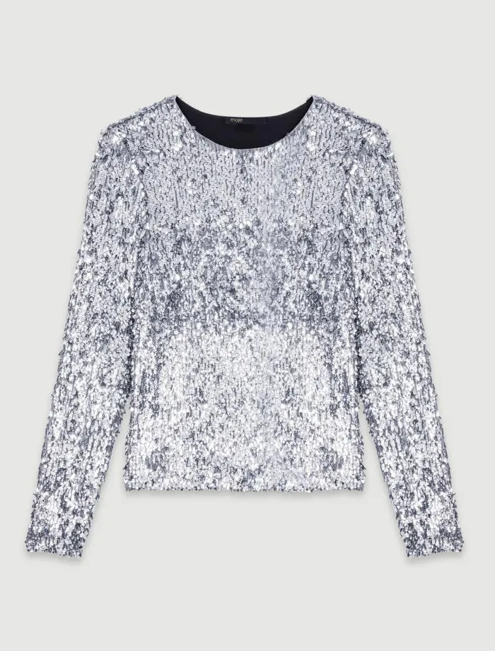 Maje Tops and Shirts Womens Longsleeved Sequinned Top Silver