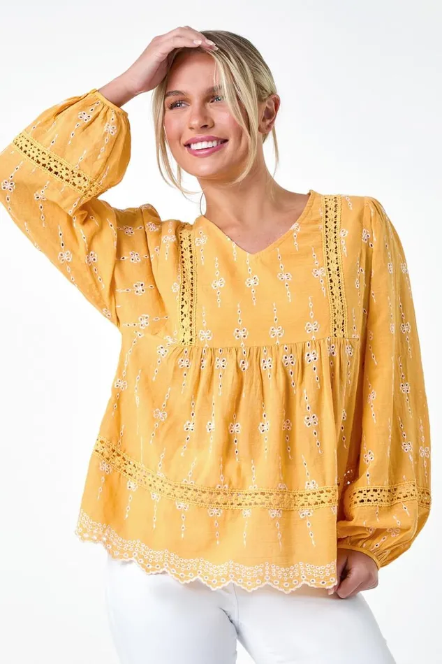 Mango Petite Embroidered VNeck Cotton Smock Top Women Roman Tops