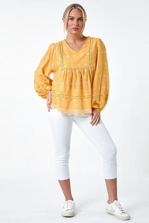 Mango Petite Embroidered VNeck Cotton Smock Top Women Roman Tops