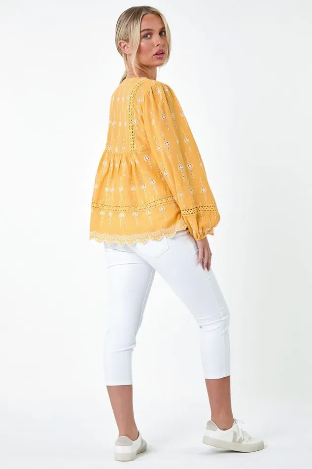 Mango Petite Embroidered VNeck Cotton Smock Top Women Roman Tops