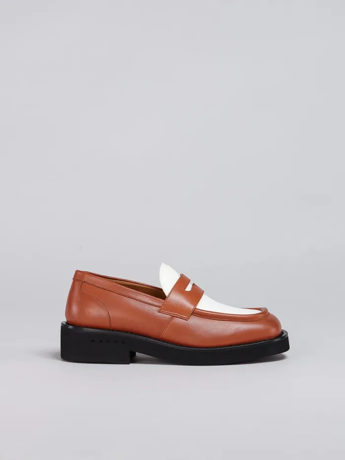Marni Brown And White Leather Mocassin Rust Womens Flats