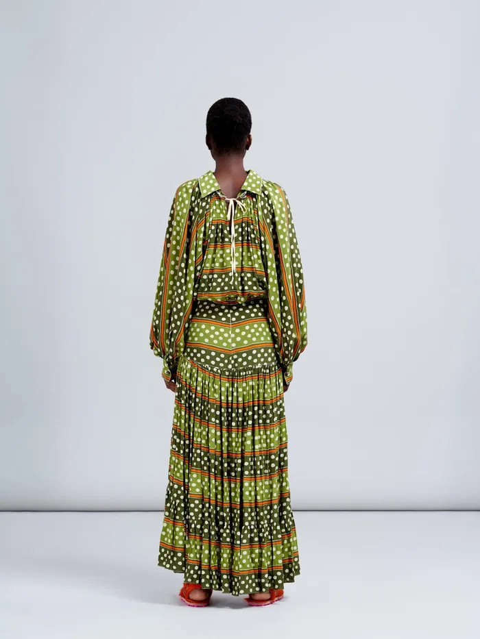 Marni Dot and Stripe Print Silk Crepe Dress Dusty Olive Womens Dresses Marni Dot and Stripe Print Silk Crepe Dress Dusty Olive Womens Dresses