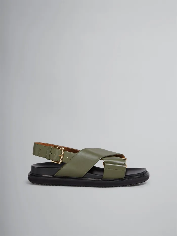 Marni Green Leather Fussbett Dark Olive Womens Sandals and Wedges
