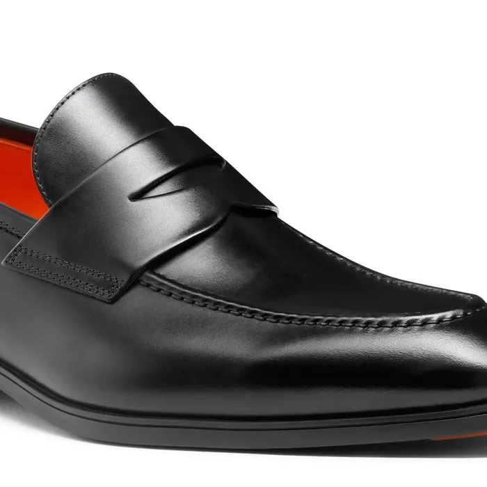 Men Black Leather Penny Loafer Santoni Loafers