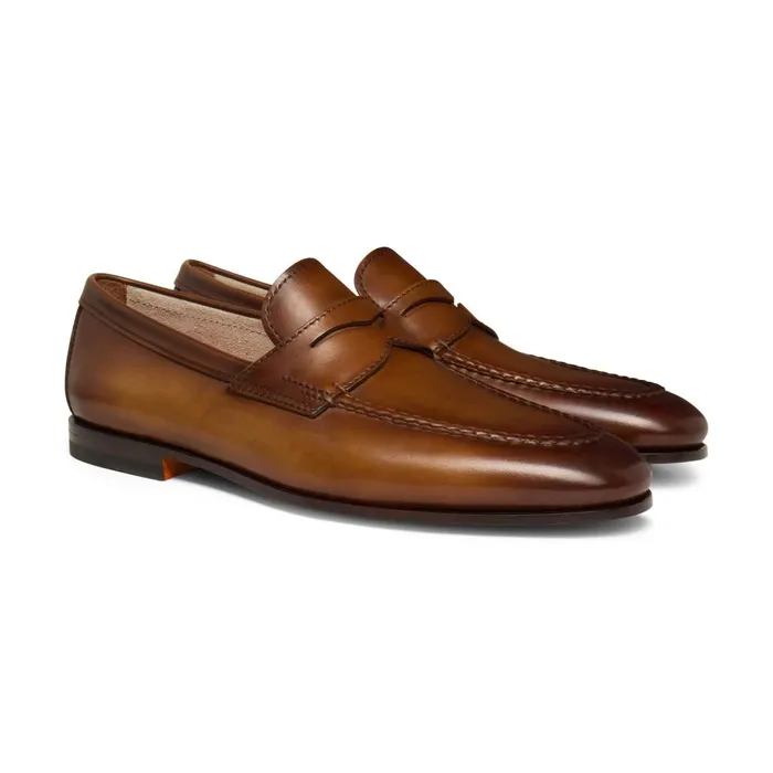 Men Brown Leather Penny Loafer Santoni Loafers