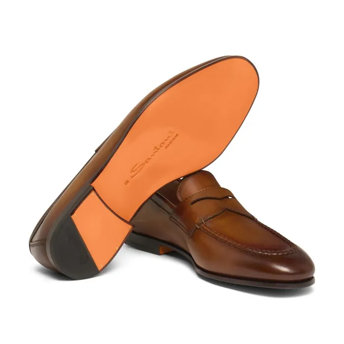 Men Brown Leather Penny Loafer Santoni Loafers