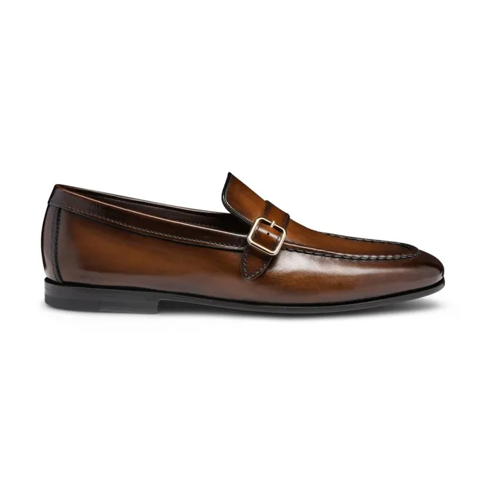 Men Dark Brown Leather SingleBuckle Loafer Santoni Loafers