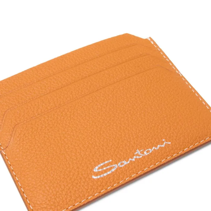 Men Orange Tumbled Leather Credit Card Holder Santoni Small Leather Goods