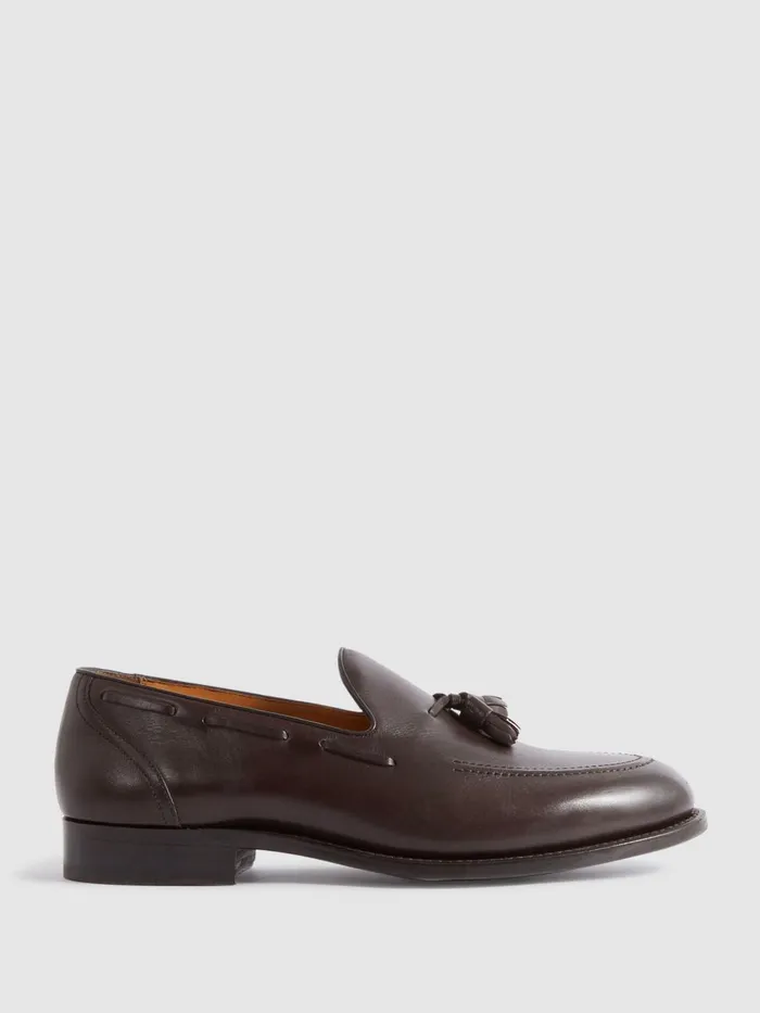 Men Reiss Formal Shoes Clayton Leather Tassel Loafers Dark Brown