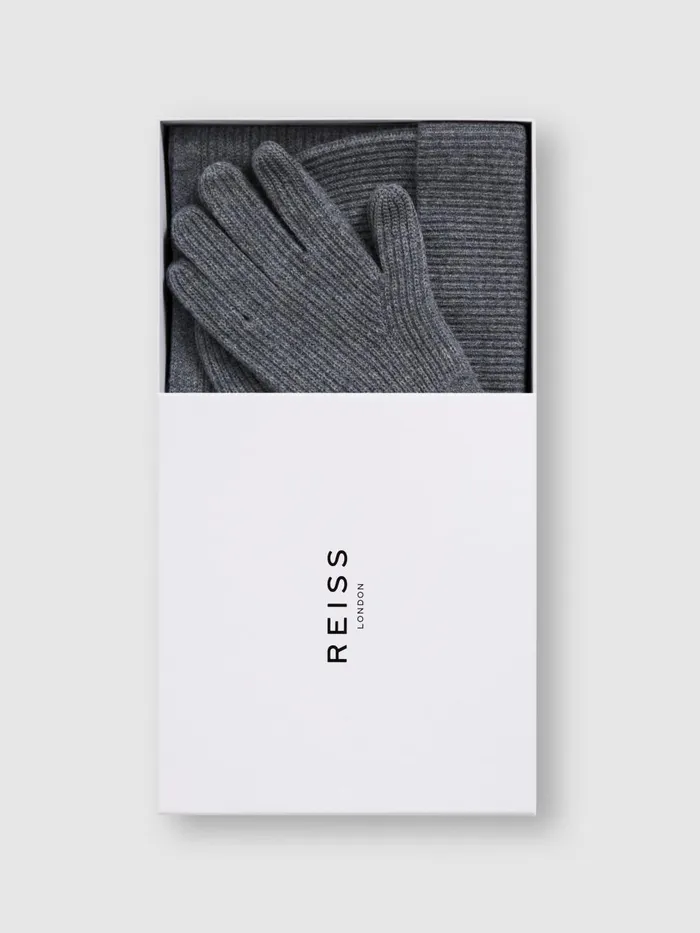 Men Reiss Hats Gloves and Scarves Chesterfield Merino Wool Hat Scarf And Gloves Set Charcoal