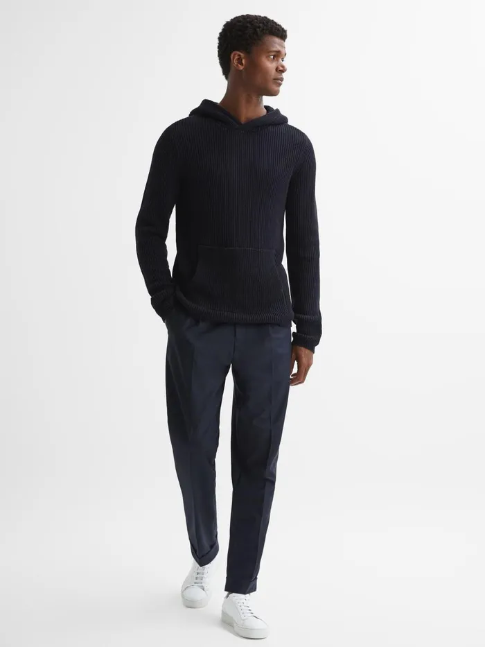Men Reiss Knitwear Cotton Cable Knitted Hoodie Navy Depths