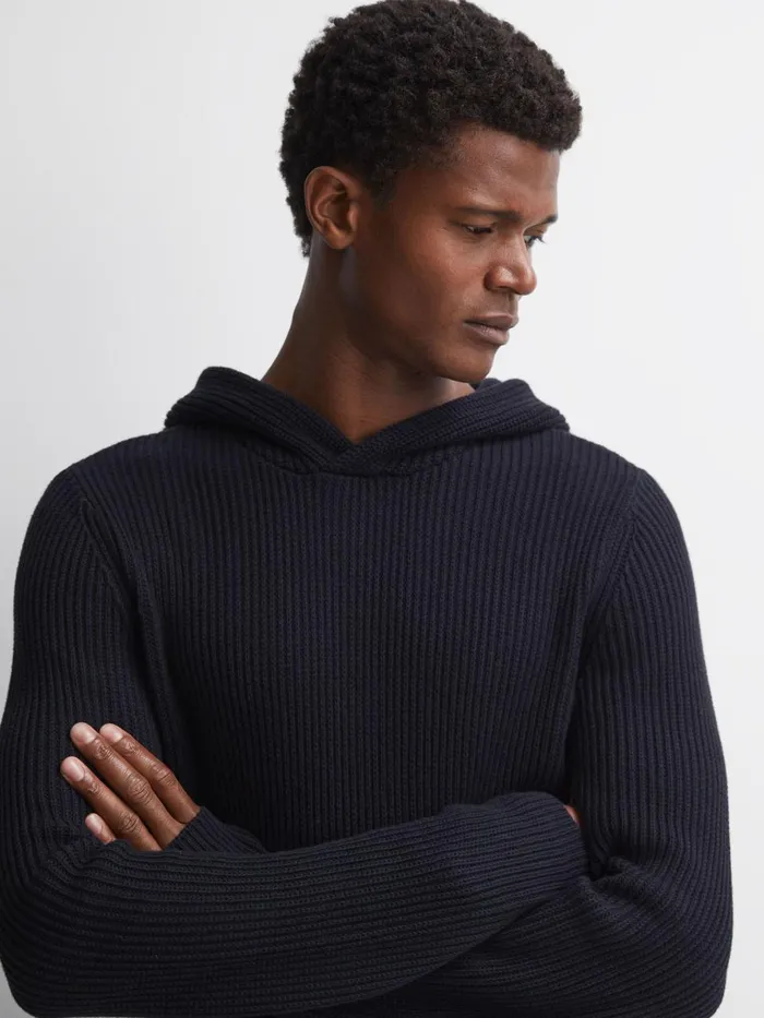 Men Reiss Knitwear Cotton Cable Knitted Hoodie Navy Depths