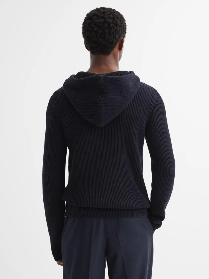 Men Reiss Knitwear Cotton Cable Knitted Hoodie Navy Depths